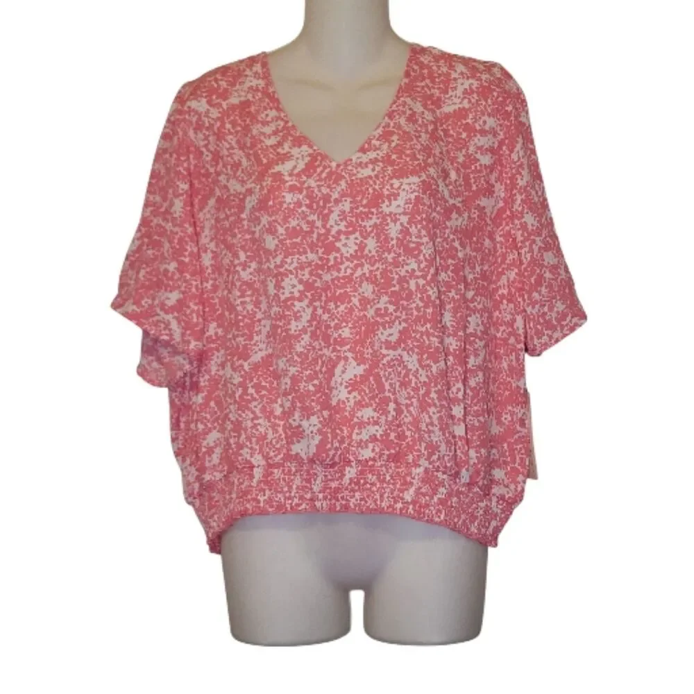🚨 Nine Britton Women's Pink Floral Short Sleeve Smocked Waist Top - NWOT